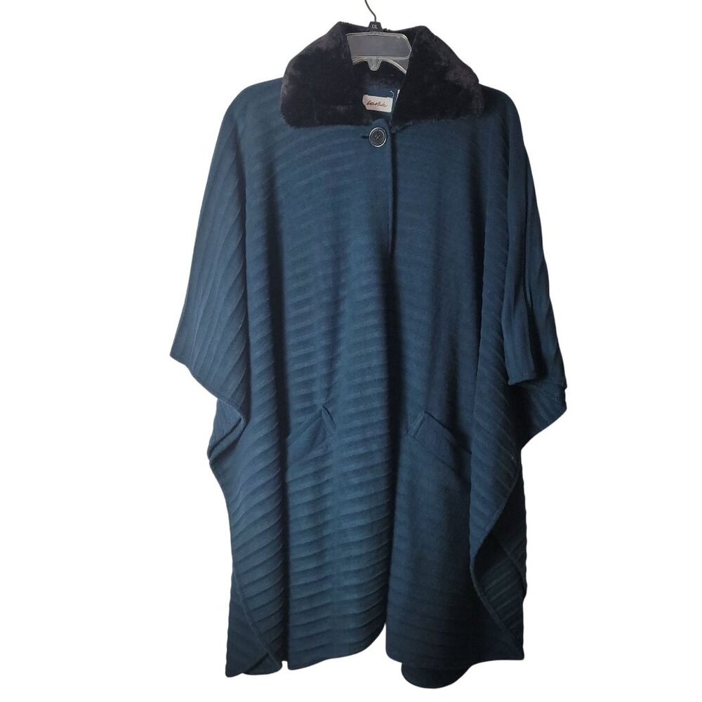 Le Moda Teal Cape With Faux Fur Collar & Button Closure - Picture 3 of 11
